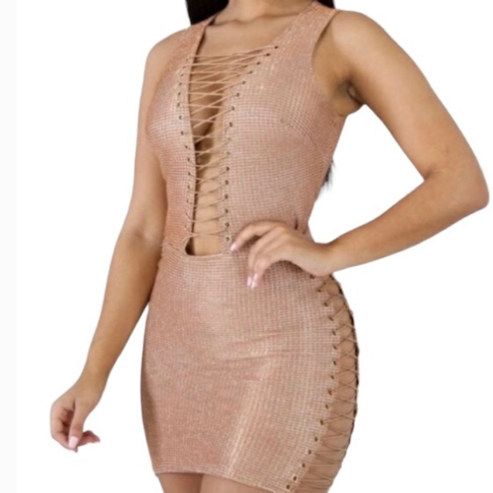🤑 5/$25 MEEK Plunging Laced V-Neck Sleeveless Rose Gold Body Con Mini Dress